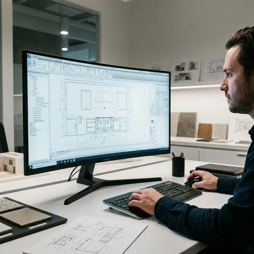 Concepteur travaillant sur le plan coté d’une cuisine à l’écran, des échantillons de matériaux sur le bureau