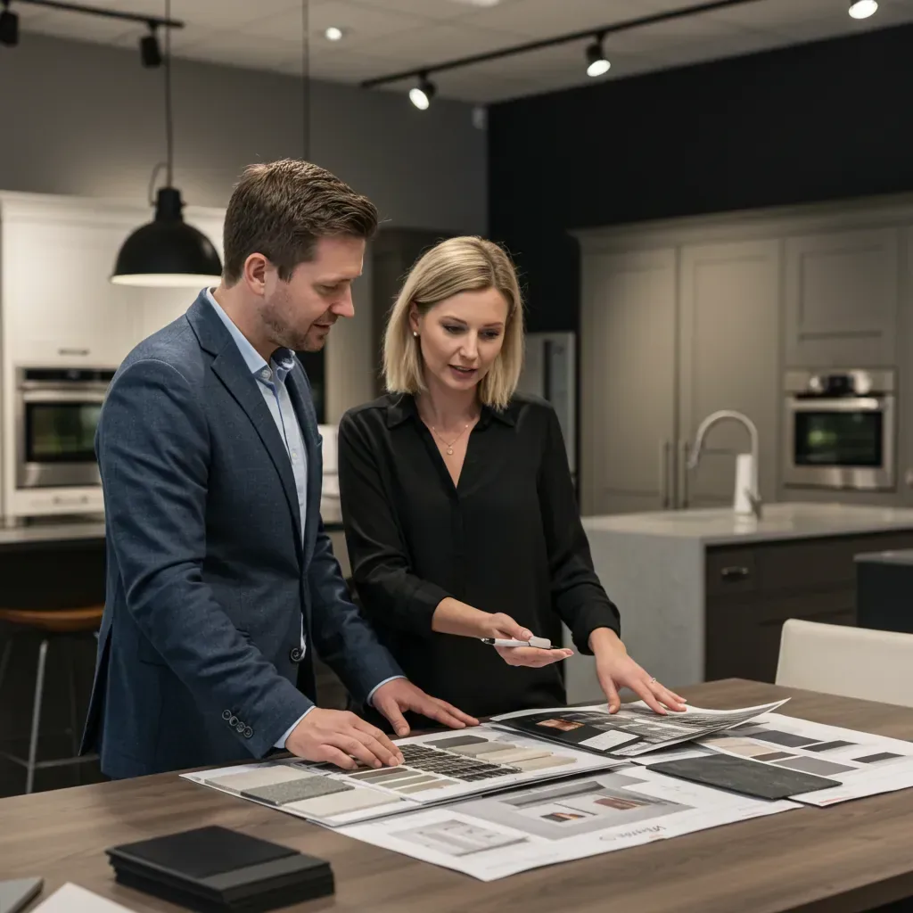 Présentation d’échantillons de matériaux à un client, sur une table de showroom de cuisines